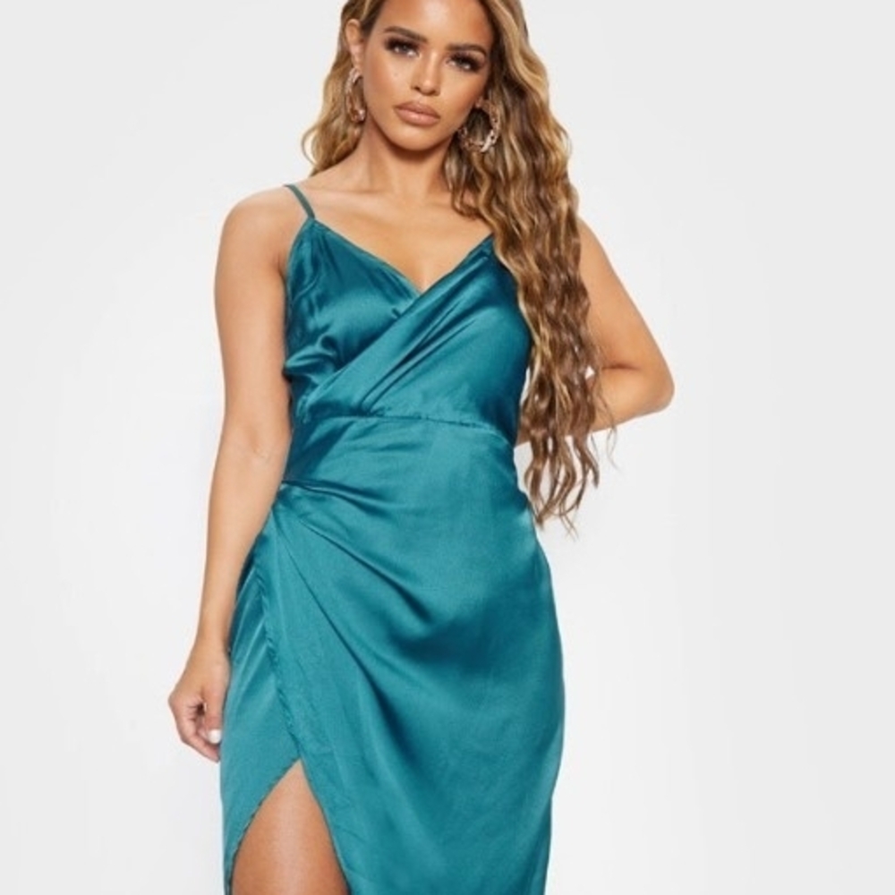 Elegant Teal Satin Wrap Dress